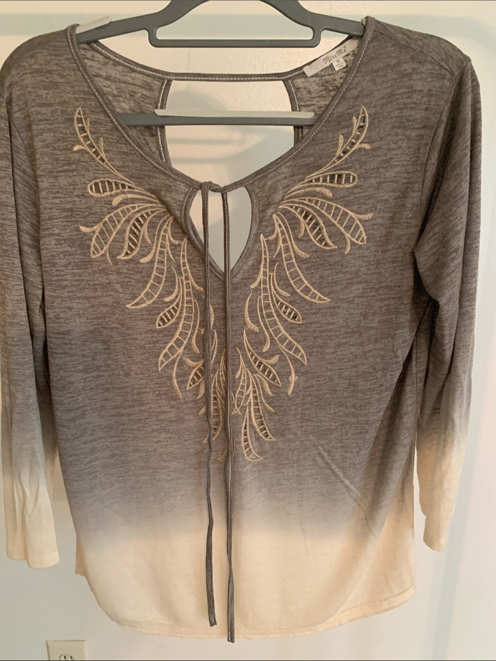 Miss Me Gray to Cream Embroidered Dip-Dye V-Neck Tie-Front Top